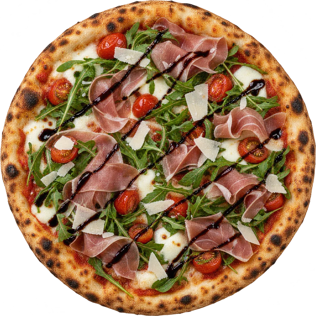 Pizza La Nara con prosciutto y rúcula